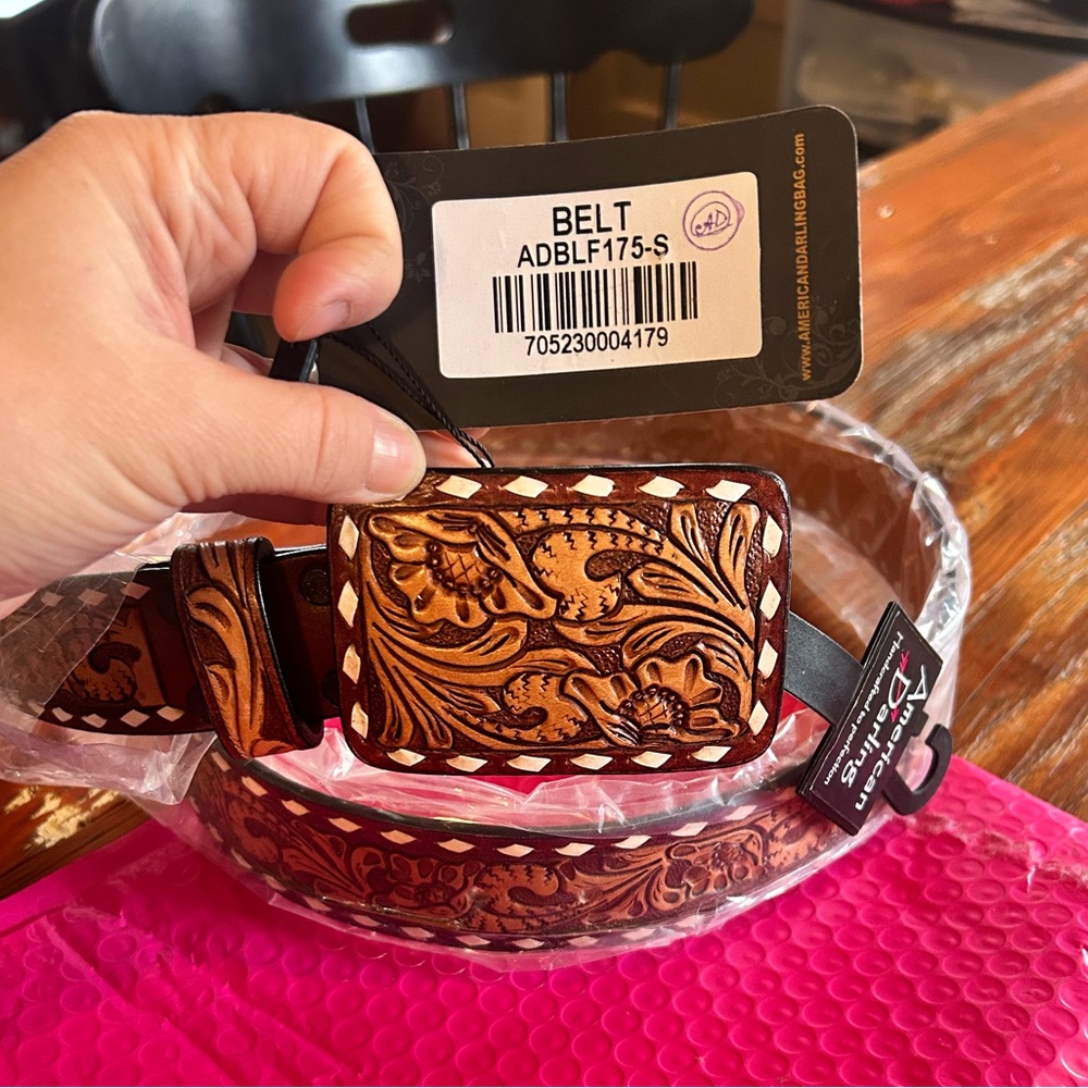 American Darling-tooled leather belt w/ leather buckle SMALL (fits 28-32” Waist)